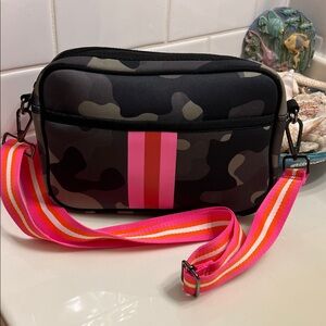 Camouflage Crossbody Bag with Pink Stripe- neoprene